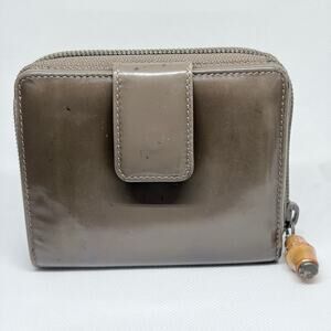 Gucci Bamboo Compact Zip Bifold Wallet Taupe Patent Leather GG Canvas